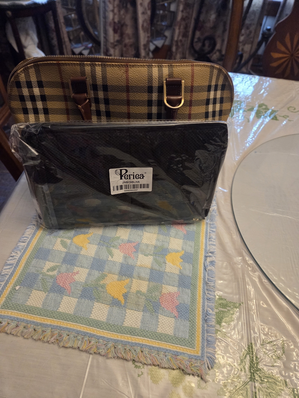 Burberry Beige Plaid Satchel with Brown Leather and Gold Hardware - Picture 12 of 12
